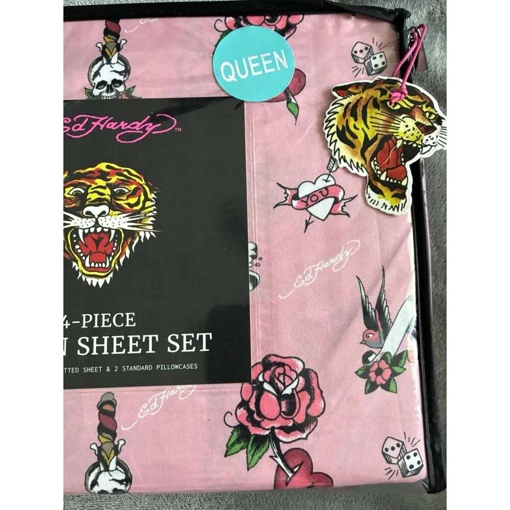Ed Hardy Queen Sheet Set Pink Tattoo Rose Skull 4 Piece Bedding New